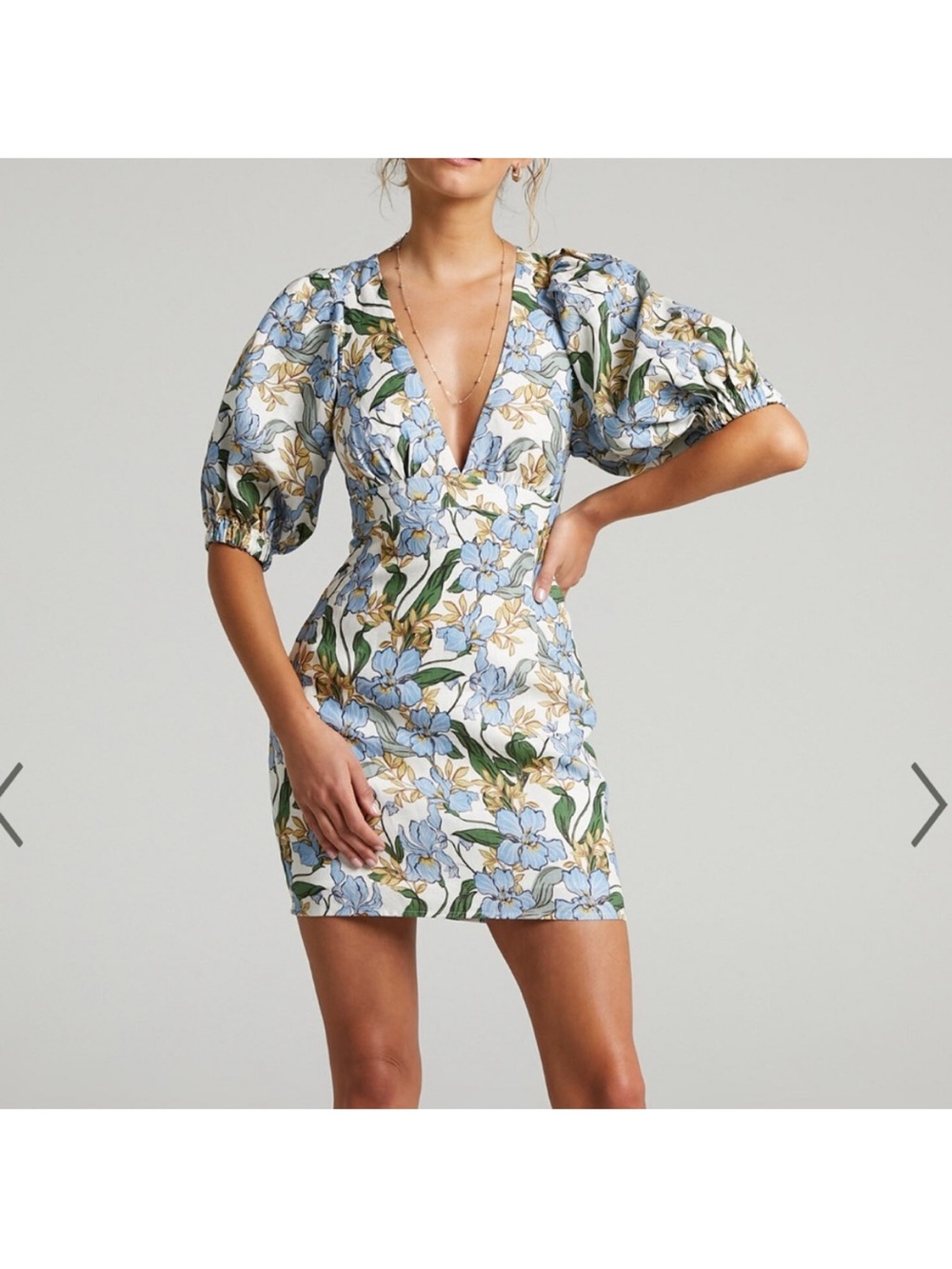 Amelie Floral Puff-Sleeve Mini Dress in Cream with Blue and Green Print